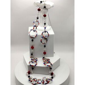 Collectors 1946 C1946 Brand Glass and Lucite Red White Blue Beaded Link Necklace